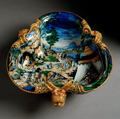Ceramiczna filiżanka w kształcie trefla decoree z przedstawieniem Hannibala podczas przeprawy przez Alpy wykonana w Urbino w warsztacie Fontana we Włoszech. 1550 wokół Florencji, Museo Nazionale del Bargello autorstwa Italian School