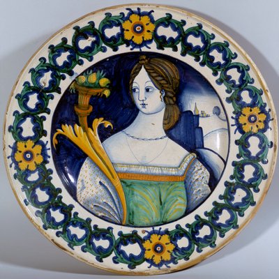 Ceramiczny talerz Deruta decoree z portretem kobiety. Około 1510 Sevres. Produkcja porcelany autorstwa Italian School