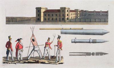 Chatham Barracks, kara wojskowa zwana Trójkątem i Congreve Rockets, płyta 17 z Historii Narodów (akwatinta) autorstwa Italian School