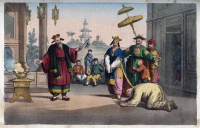 Chiny - Przedstawienie teatralne w plenerze - grawerowanie z „Zwyczajów i tradycji wszystkich narodów wszechświata”. Czyli Historia rządów, praw, milicji, religii wszystkich narodów od najdawniejszych czasów po dzień dzisiejszy”185 autorstwa Italian School
