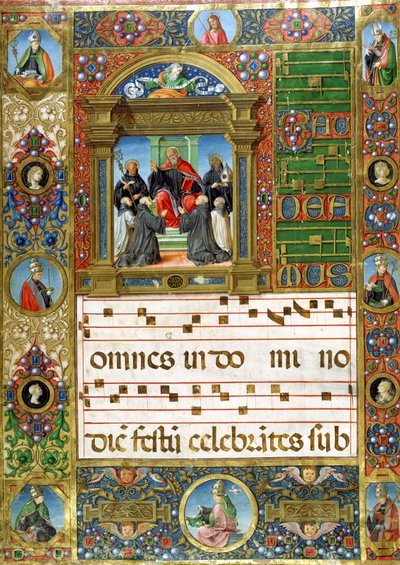 Miniatura chóralna z kazaniem św. Benedykta do mnichów (pigment na welinie) autorstwa Italian School