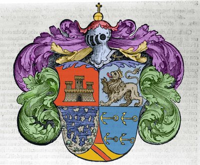 Herb nawigatora Krzysztofa Kolumba (1451-1506): cztery części ecu przedstawiają na szczycie miasta Kastylię i Leon, poniżej odsłoniętych wysp i symbolu kotwicy adoratora. Grawerowanie z książki „Nawigacjai i Viaggi”” autorstwa Italian School