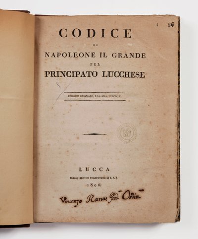 Kodeks Napoleona Wielkiego dla księstwa Lucca, pierwsze oficjalne wydanie, Lucca, Presso Bertini, 1806 oraz kodeks wiejski dla księstw Lucca i Piombino, Lucca, ks. Bertiniego, 1807 autorstwa Italian School
