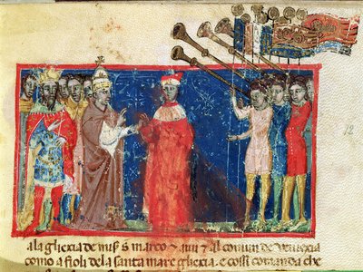 Codex Correr I 383 Doge Sebastiani Ziani otrzymuje petycję od papieża Aleksandra III (1159-81) i cesarza Fryderyka Barbarossy (ok.1123-90) autorstwa Italian School