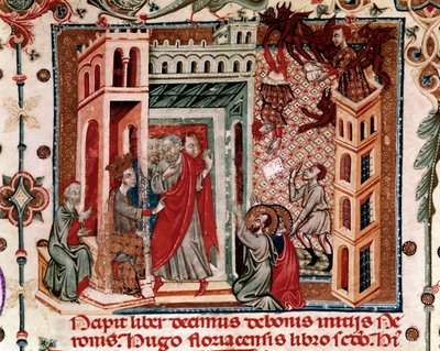 Codices Cavenses, Cod.25 f.181, Szymon Mag, Cesarz Neron i Apostołowie, miniatura ze Speculum Historiale, część I, Vincenta de Beauvais, c.1320 (tempera na welinie) autorstwa Italian School