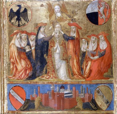 Koronacja Piusa II (Enea Silvio Piccolomini) (1405-1464). Papież Włoch (1458-1464). Na dole znajduje się ufortyfikowane miasto Siena. Bicherna (okładka księgi rachunkowej miasta Sieny) z 1460 r. Archiwum Narodowe - Museo delle Tavolette de B autorstwa Italian School
