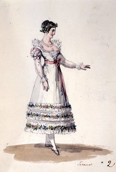 Projekt kostiumu dla Zuzanny z „Wesela Figara” Wolfganga Amadeusza Mozarta, ok.1880 (kolor lito) autorstwa Italian School