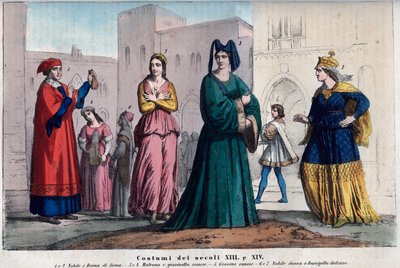 Kostiumy a Siena między XIII a XIV wiekiem - Ubrania w Sienie między XIII a XIV wiekiem - grawer z „Usi e Costumes di All Peoples of the Universe”. To jest historia rządu, praw, milicji, religii wszystkich n autorstwa Italian School