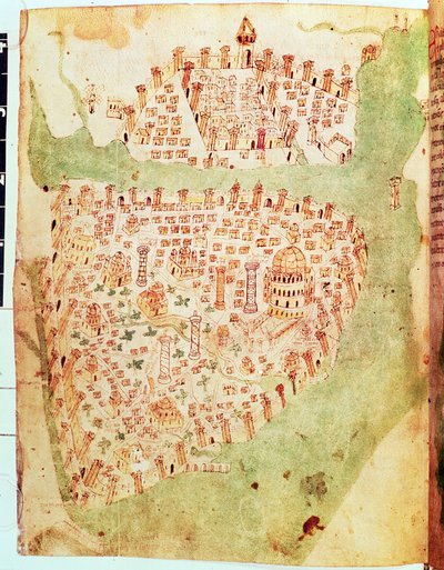 Bawełniany Wespazjan A. XIII, f.36v: Mapa Konstantynopola, ok. 1450 (welum) autorstwa Italian School