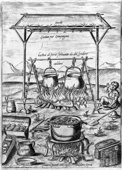 Kuchnia wiejska: podpalane są kotły i garnki. Rycina z „Opery”, księgi gastronomicznej podzielonej na 6 części, autorstwa Bartolomeo Scappi, osobistego kucharza papieża Piusa V. Wenecja autorstwa Italian School