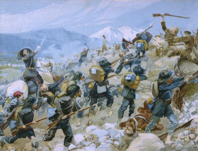 Wojna krymska i bitwa pod Czerną, 16 sierpnia 1855, ilustracja z albumu poświęconego historii Risorgimento wykonanego dla czekoladowego Talmone, koniec XIX w. autorstwa Italian School