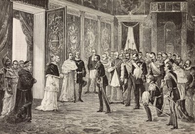 Książę koronny Niemiec (przyszły Fryderyk III) przyjmowany przez papieża Leona XIII w sali tronowej, Watykan, rycina z rysunku Ximenesa ze szkicu Dal Dona, z L