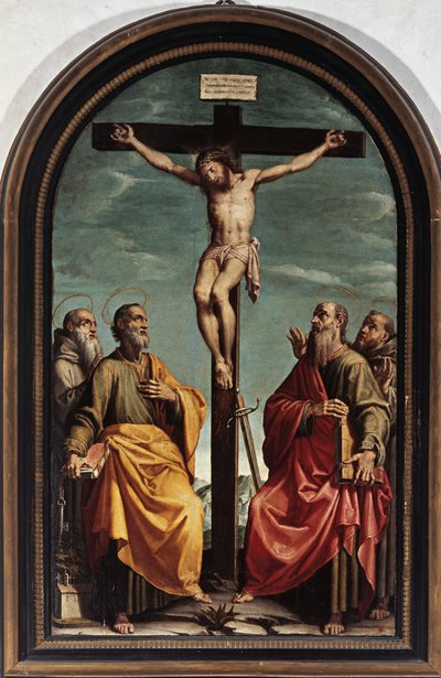 Ukrzyżowanie ze św. Piotrem, Pawłem, Romualdem i Franciszkiem (olej na płótnie) autorstwa Italian School