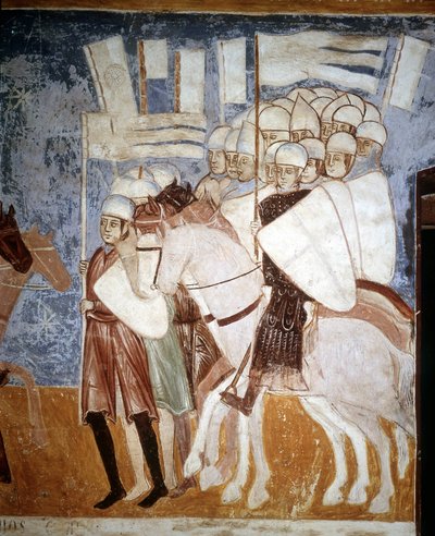 Krzyżowcy słuchający przemówienia Ottone Viscontiego (1208 - 1295). Fresk autorstwa Rocca di Angera, początek XIV wieku. autorstwa Italian School