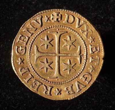 Waluta Republiki Genów: pięć złotych monet podwójnych. Średnica 41 mm. 1642. Przód. Muzea genów Strada Nuova autorstwa Italian School