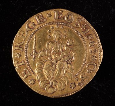Waluta Republiki Genów: pięć złotych monet podwójnych. Średnica 41 mm. 1642. powrót. Muzea genów Strada Nuova autorstwa Italian School