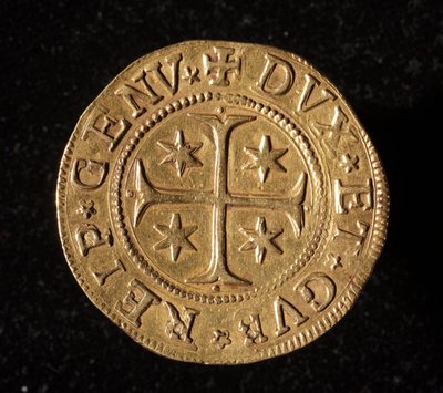 Waluta Republiki Genów: pięć złotych monet podwójnych. Średnica 41 mm. 1652. Przód. Muzea genów Strada Nuova autorstwa Italian School
