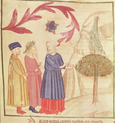 Dante i Virgil (70-19 pne) w ziemskim raju, z Boskiej komedii Dantego Alighieri (1265-1321) autorstwa Italian School