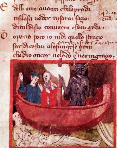 Dante i Virgil na łodzi Phlegyas spotykają Filippo Argenti (piosenka 8 z piekła, w Boskiej komedii) - miniatura autorstwa Italian School