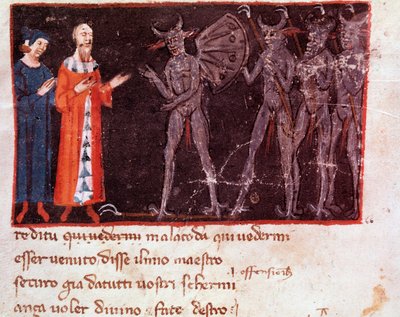 Dante i Virgil rozmawiają z Malacodą, dowódcą szwadronów Malebranche (pieśń 21 z piekła, w Boskiej Komedii) - miniatura autorstwa Italian School