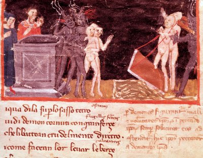 Dante i Virgil w otoczeniu alfonsów i uwodzicieli (piosenka 18 z piekła rodem w Boskiej Komedii) - Miniatura autorstwa Italian School