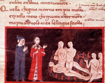 Dante et Virgil w otoczeniu brutali (pieśń 14 z piekła w Boskiej Komedii) - miniatura XIV w. autorstwa Italian School