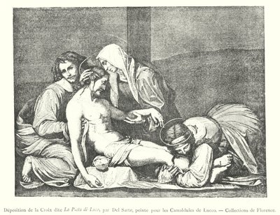 Osadzanie krzyża znanego jako La Pieta di Luco, autorstwa Del Sarte, namalowany dla kamedułów z Lucco, Collections of Florence (rycina) autorstwa Italian School