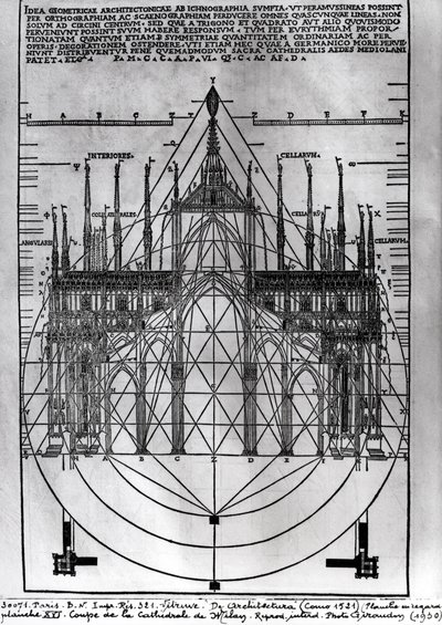 Projekt katedry w Mediolanie, ilustracja z De Architectura autorstwa Witruwiusza, Como, 1521 autorstwa Italian School