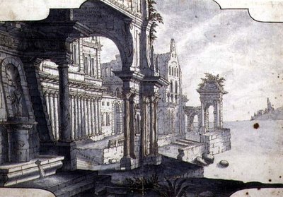 Projekt zestawu scenicznego, ok. 1750 (pióro i tusz oraz akwarela na papierze) autorstwa Italian School