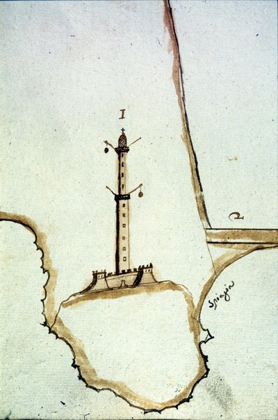 Fragment odręcznej mapy topograficznej z XVII wieku przedstawiającej położenie latarni genueńskiej. autorstwa Italian School