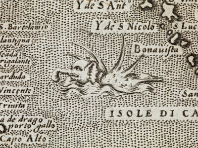 Szczegół słonia morskiego z imponującą gamą kolców wystających z jego grzbietu, z „Najsłynniejszej wyspy na świecie, opisanej przez Thomaso Porcacchi z Castiglione, Arretino i wyrzeźbionej przez Girolamo Porro, Padovano” autorstwa Italian School