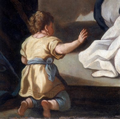 Fragment obrazu przedstawiający Madonnę Różańcową ze świętymi Dominikiem i Katarzyną ze Sieny autorstwa Italian School