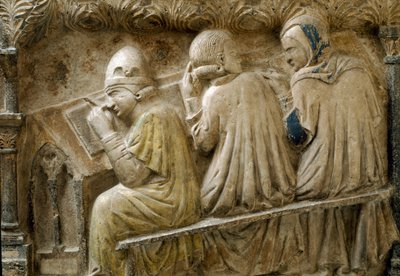 Detal przedstawiający uczniów podążających za kursem Bonifacio Galluzzi (płyta nagrobna, ok. 1346) autorstwa Italian School