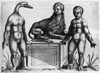 Różne typy ludzkich potworów: człowiek z głową kaczki, człowiek z ciałem lwa i inny z dłońmi w dłoniach. Rycina z „De monstrorum natura, causis et differentiis” włoskiego naukowca Fortunio Liceti (1577-1656). 1646 autorstwa Italian School