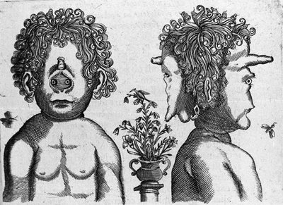 Różne typy ludzkich potworów: twarz i twarz głowy potwora. Rycina z "Natury potworów, ich przyczyn i różnic" autorstwa włoskiego naukowca Fortunio Whilei (1577-1656). 1646 autorstwa Italian School