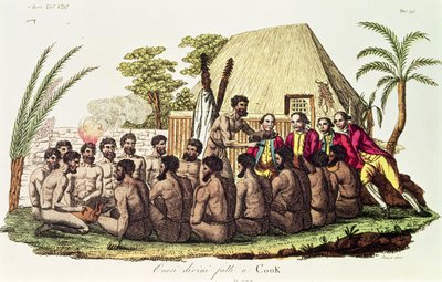 Boskie ofiary składane kapitanowi Cookowi (1728-79) na Wyspach Sandwich (kolorowy grawerunek) autorstwa Italian School