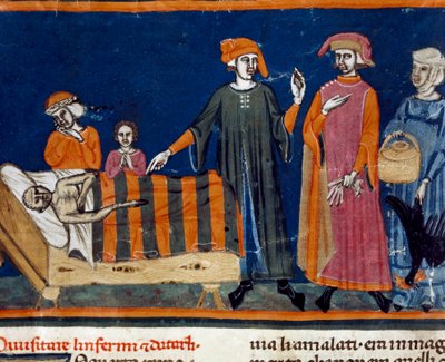 Doki przy łóżku chorej Miniatury szkoły florenckiej z rozszerzenia „Pater noster” Ser Zucchero Bencivenni (MS.II.VI 16) początek XIV wieku Florencja, biblioteka narodowa autorstwa Italian School