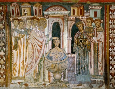 Cesarz Konstantyn, wyleczony z trądu, fragment „Legendy o Konstantynie i św. Sylwestrze” autorstwa Italian School