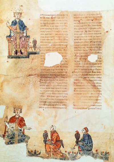 Cesarz Fryderyk II Hohenstaufend, ilustracja z „Sztuka polowania na ptaki” (na welinie) autorstwa Italian School