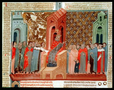 Cesarz Justynian (483-565) i jego dwór, z Justinianus Institutiones autorstwa Italian School