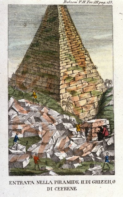 Wejście Belzoni do piramidy Guizeh (Guiseh, Giza, Giza) lub Chephren (Stare Cesarstwo). Giovanni Battista (Gianbattista) Belzoni (1778-1823), włoski odkrywca i archeolog, dokonał ważnych odkryć archeologicznych w Egipcie. Grawerowanie - w „” autorstwa Italian School