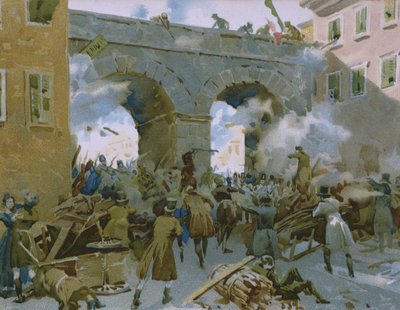 Wydarzenia od 18 do 22 marca 1848, Mediolan przegania Austriaków, ilustracja z albumu poświęconego historii Risorgimento wykonanego dla czekoladowego Talmone, koniec XIX wieku autorstwa Italian School