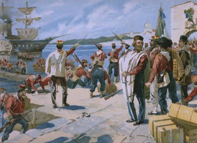 Wyprawa Tysiąca pod dowództwem Giuseppe Garibaldiego, lądowanie w Marsali na Sycylii, 1860, ilustracja z albumu poświęconego historii Risorgimento wykonanego dla czekoladowego Talmone, późn. autorstwa Italian School