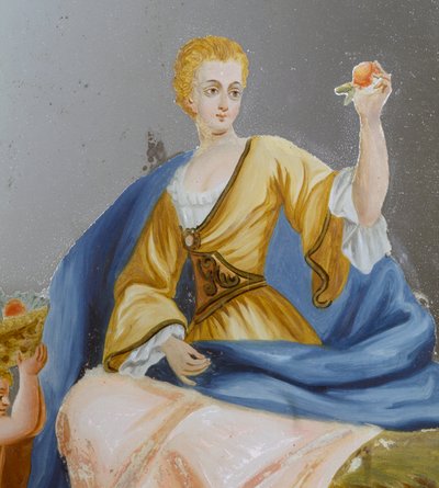 Figura kobieca, detal z rzymskiego lustra z malowaną sceną, rzeźbiona i pozłacana rama z drewna, Włochy autorstwa Italian School