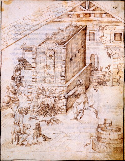 Wypalanie wczesnego pieca, c.1630 (welin rękopisu) autorstwa Italian School
