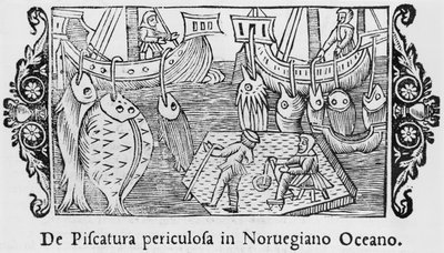 Łowienie ryb w Oceanie Norweskim, ilustracja z Historii Narodów Północy autorstwa Olausa Magnusa (1490-1558), opublikowana w Rzymie, 1555 autorstwa Italian School