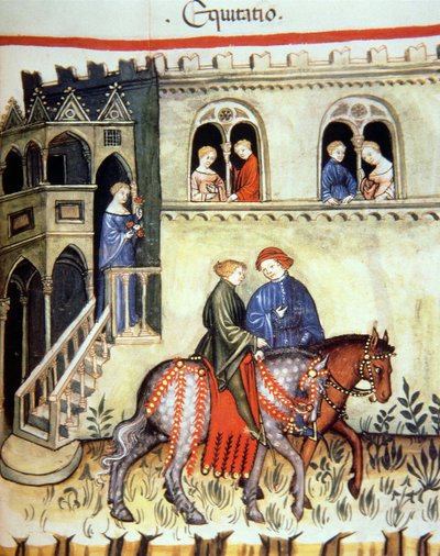 Fol.102r Jazda konna, ilustracja z Tacuinum Santiatis Codex Vindobonensis autorstwa Italian School