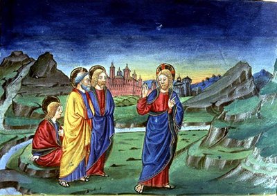 Fol.103v Po przemienieniu Chrystus mówi apostołom, aby nie ujawniali tego faktu do czasu Zmartwychwstania (vellum) (por. 142186) autorstwa Italian School