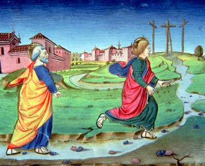 Fol.129vb Maria Magdalena przekazuje wiadomość o zmartwychwstaniu Szymonowi Piotrowi (welum) autorstwa Italian School