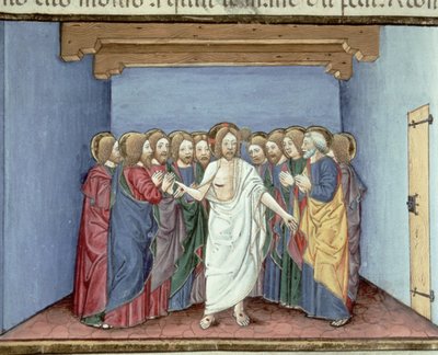 Fol.135v Jezus ukazuje się uczniom zgromadzonym pod jednym dachem ze strachu przed sędziami (welum) autorstwa Italian School